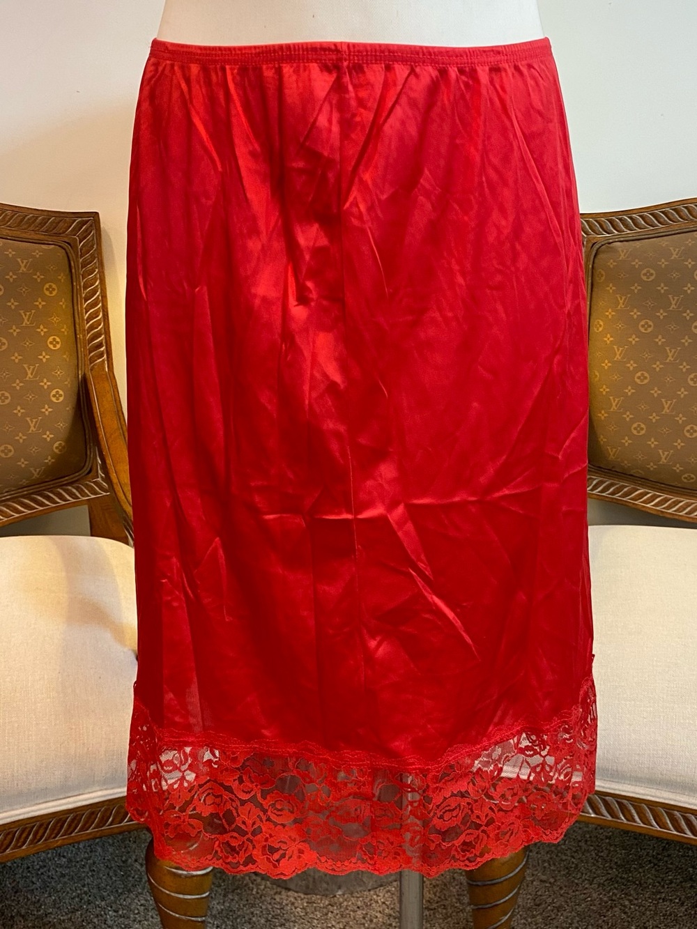 Vintage 70s Cherry Red Lace Hem Half Slip Skirt, Size M
